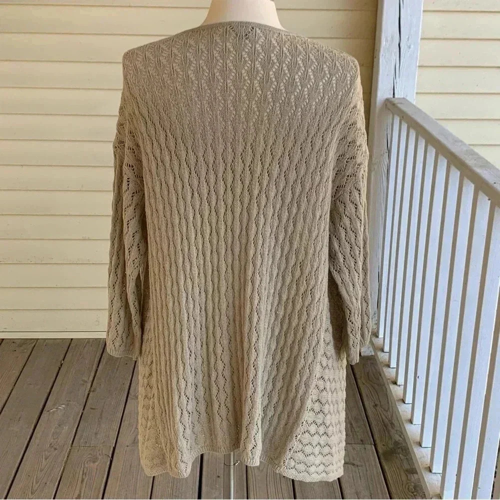 J Jill Pointelle Open Cardigan Sweater Linen Blend Size Medium Beige *READ - Picture 2 of 8